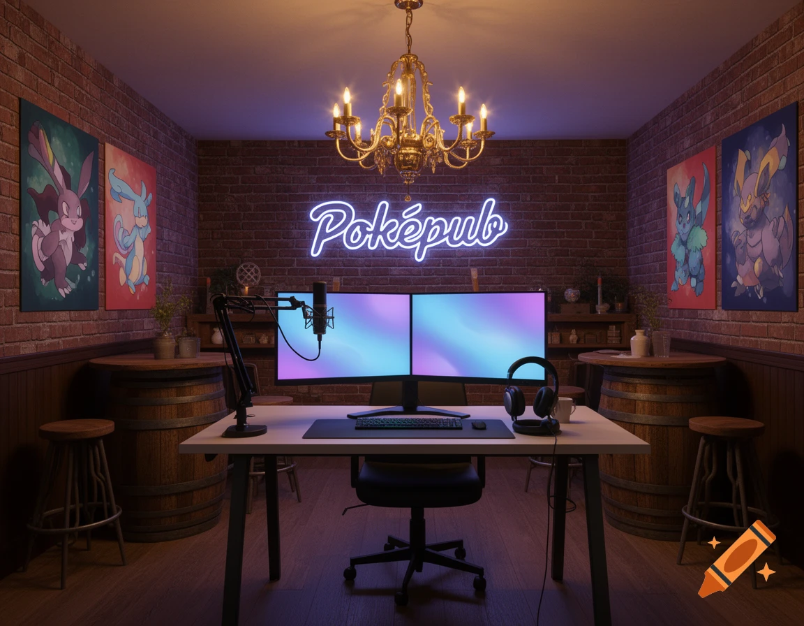 A cozy, low-lit gaming/streaming room with brick walls, a 'Pok ampepub' neon sign, dual monitors, a microphone, and Pok ampeemon art.
