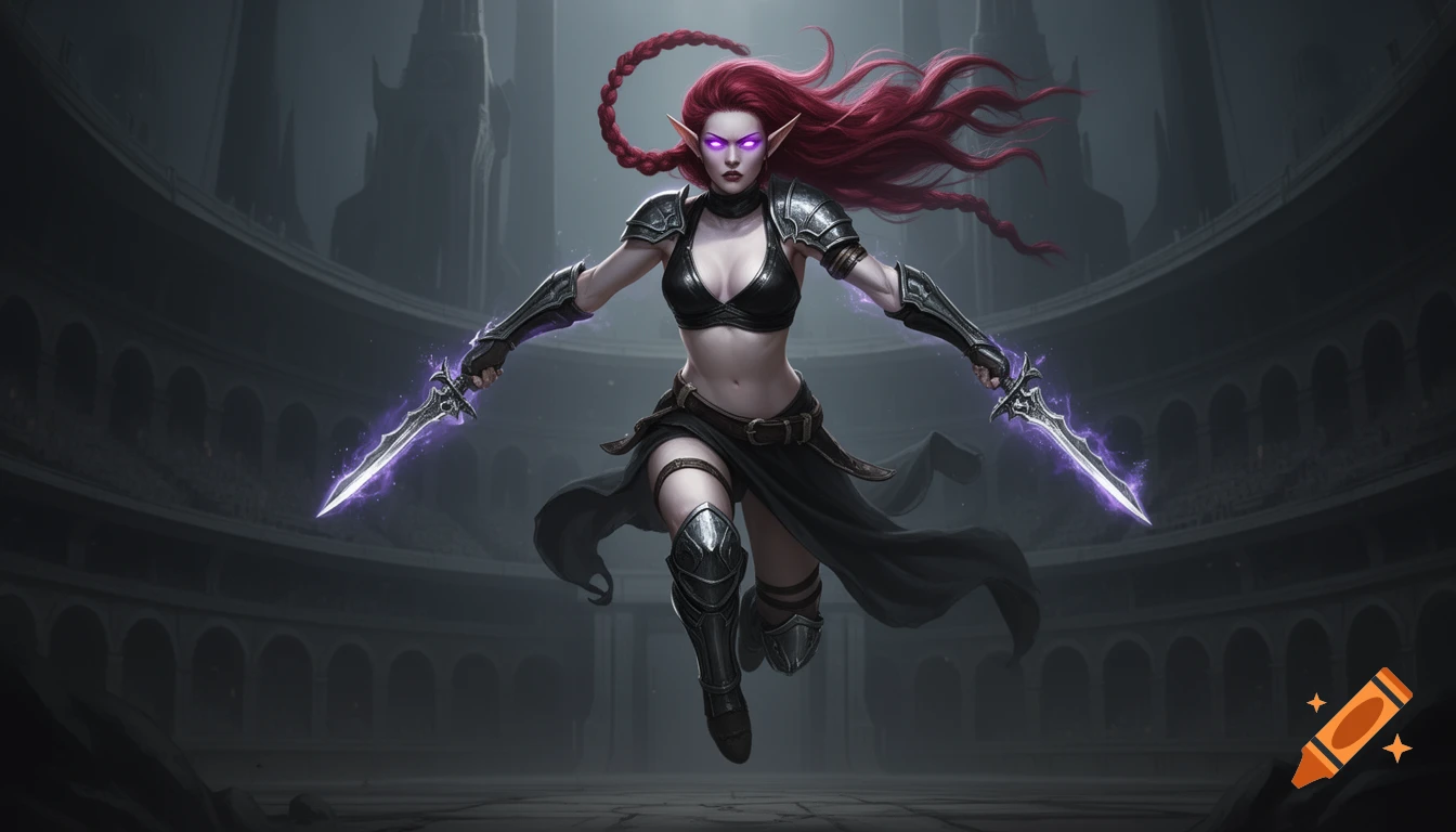 Fierce female dark elf warrior with red hair and glowing purple eyes, leaping mid-air with two glowing daggers in a dark colosseum, digital art.