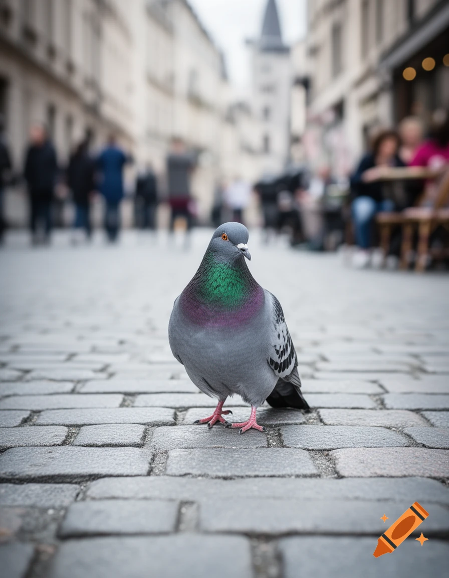 A close-up of a grey pigeon with iridescent green and purple neck feathers, standing on a cobblestone street with a blurred city background.