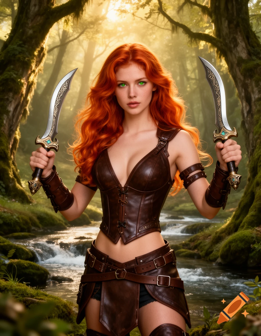 Photorealistic portrait of a fiery red-haired female warrior with green eyes, in leather armor, holding two ornate daggers in a sunny forest.