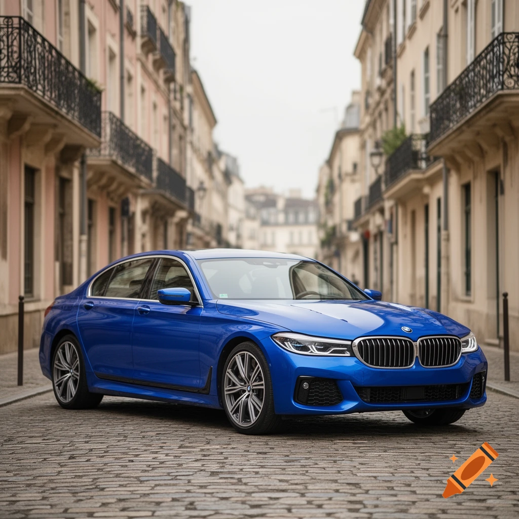 A bright blue BMW sedan is parked on a cobblestone street lined with classic European buildings.