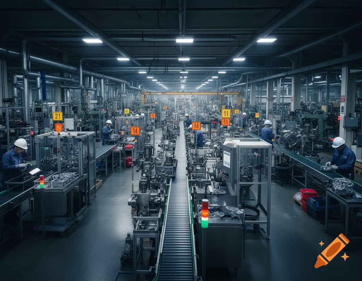 A busy, modern factory floor with workers in hard hats operating machinery and conveyor belts under bright industrial lights.
