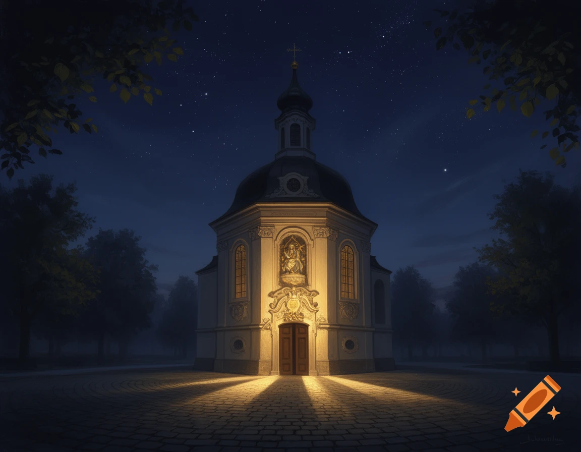 Drawing of a chapel illuminated at night, surrounded by trees under a starry sky.