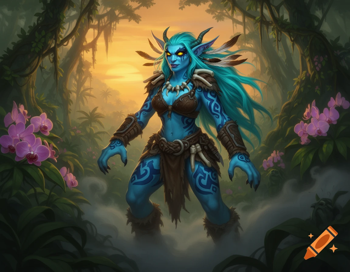 A blue-skinned World of Warcraft troll with glowing yellow eyes, blue hair, and tribal tattoos, stands in a lush jungle at sunset.