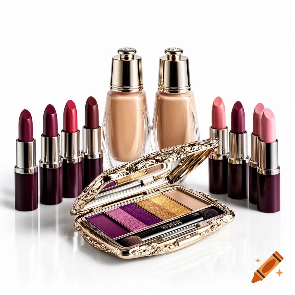 Photorealistic still life of assorted makeup: lipsticks, foundation bottles, and an open eyeshadow palette with a brush on white.