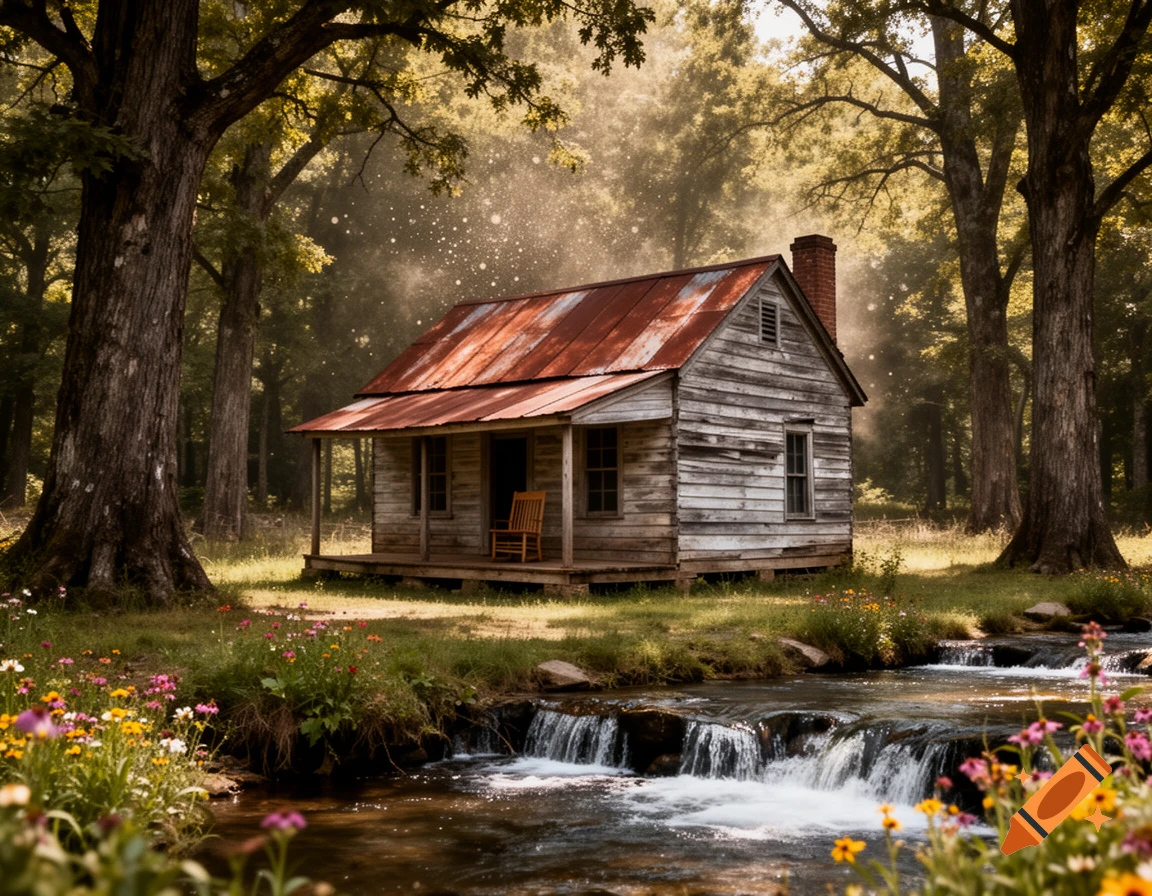 A photorealistic image of an old, weathered wooden cabin with a rusty tin roof in a sunlit forest, next to a stream with small waterfalls and wildflowers.