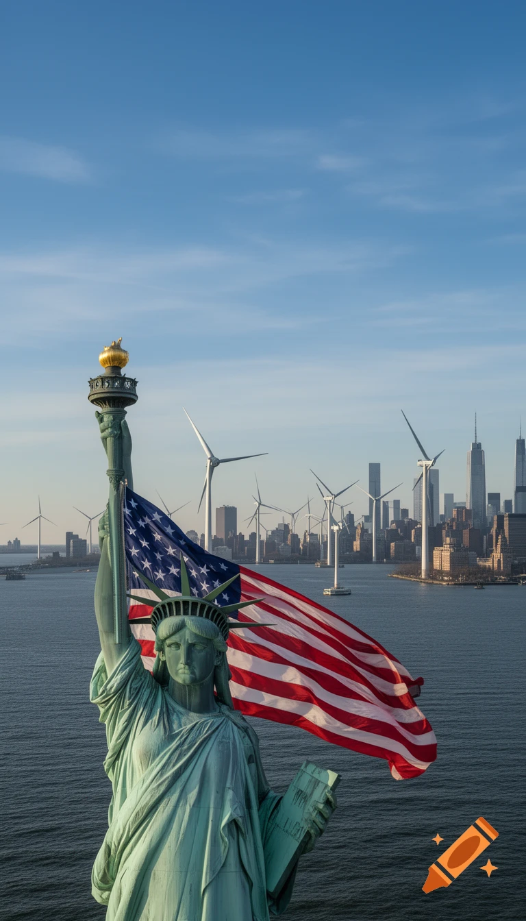 Statue of Liberty and an American flag with NYC skyline and wind turbines in the background over water.