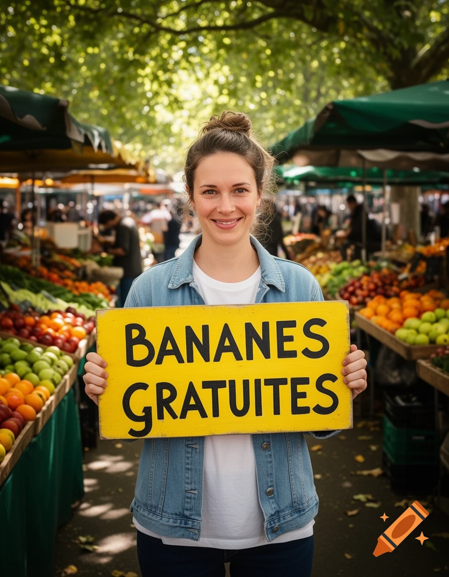 A smiling woman holding a yellow 'BANANES GRATUITES' sign at a bustling outdoor fruit market.