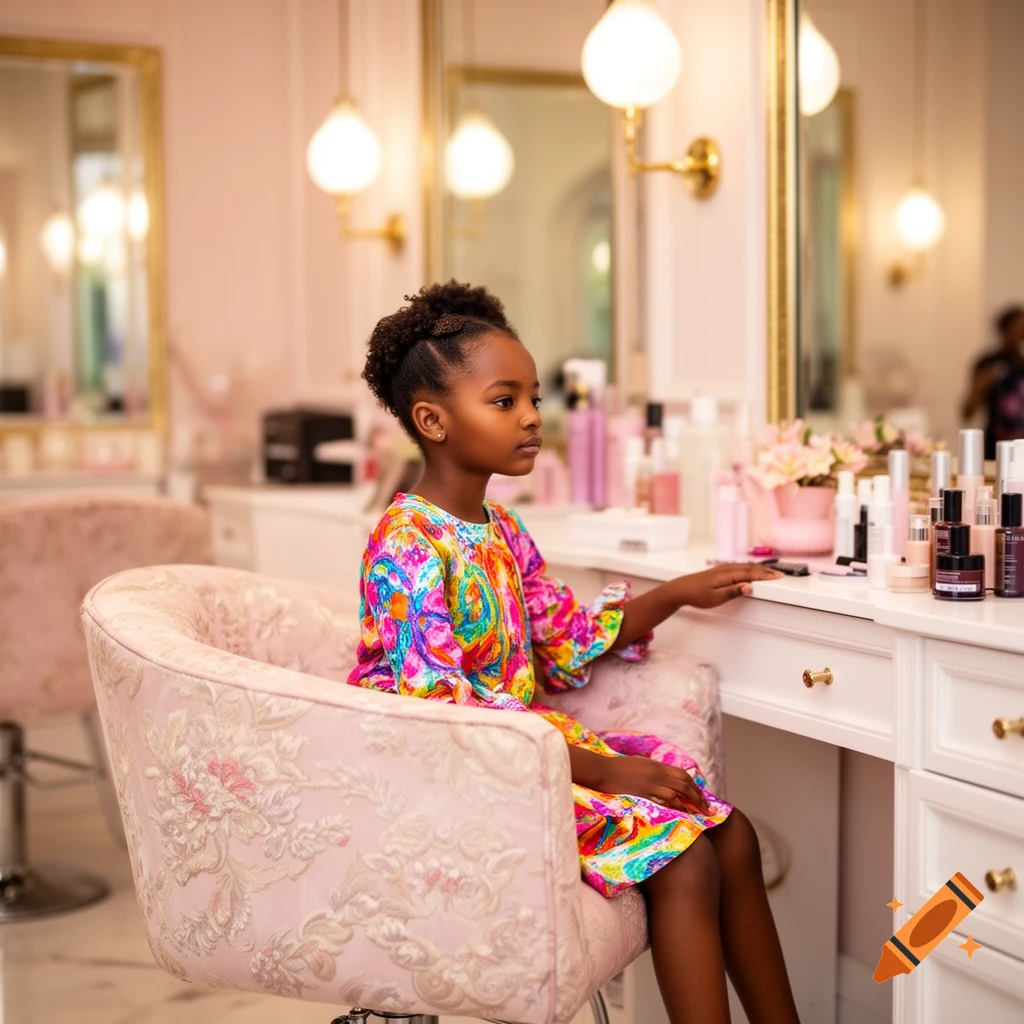 A young Black girl with braided hair sits at a white vanity with beauty products in a bright salon, wearing a colorful dress.