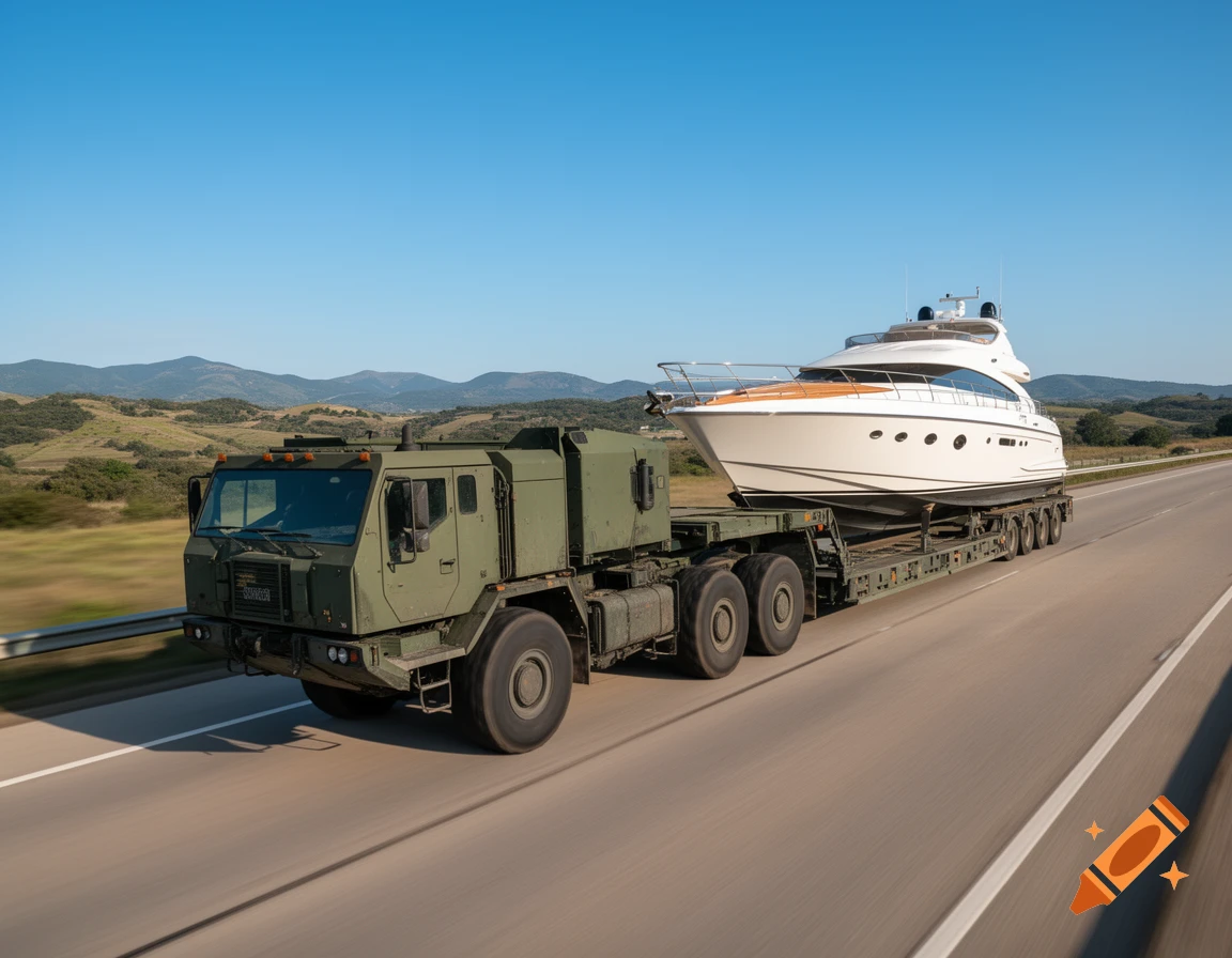 A large green military-style truck pulls a white luxury yacht on a flatbed trailer down a highway on a sunny day.