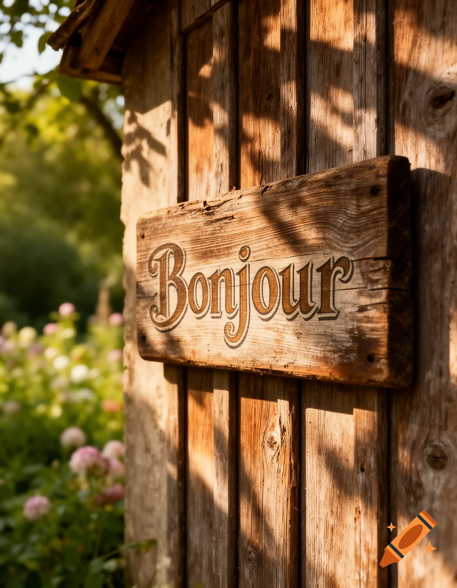 A rustic wooden sign with 'Bonjour' in decorative script, attached to a wooden wall, with a sunny garden in the blurred background.