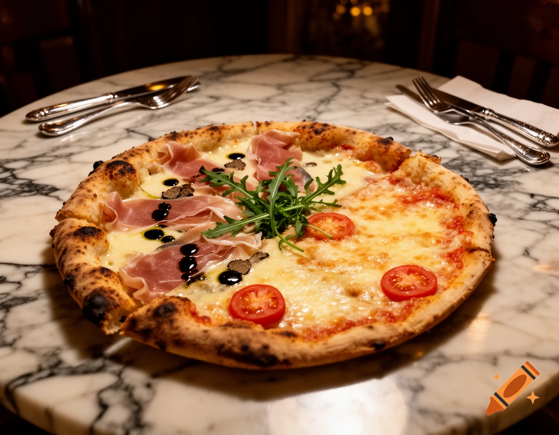 A photorealistic half-and-half pizza with Margherita on one side and prosciutto, arugula, and truffle on the other, on a marble table.