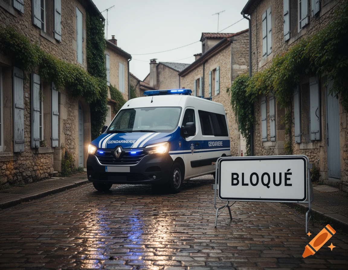 A French Gendarmerie van and a "BLOQUÉ" sign on a wet cobblestone street in a European village. Photorealistic.