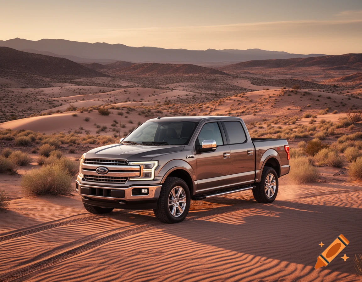 A gray Ford F-150 pickup truck is parked on sand dunes in a desert landscape under a golden hour sky.