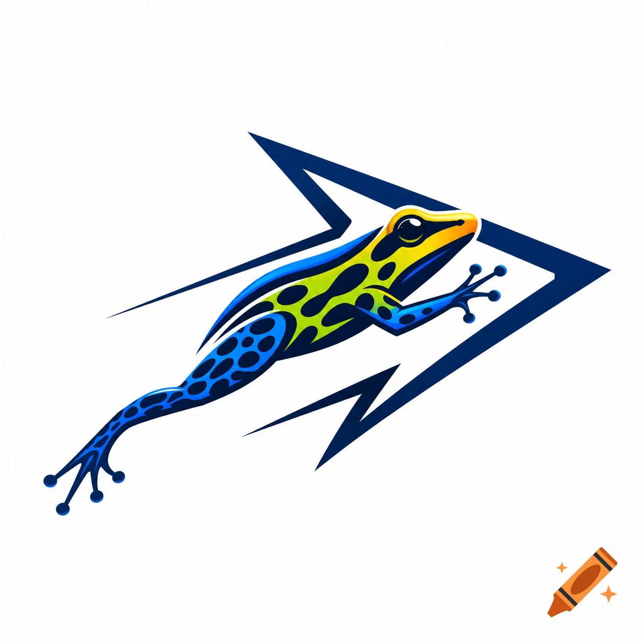 Stylized blue, green, and yellow dart frog leaping in front of a dark blue arrowhead design on a white background.