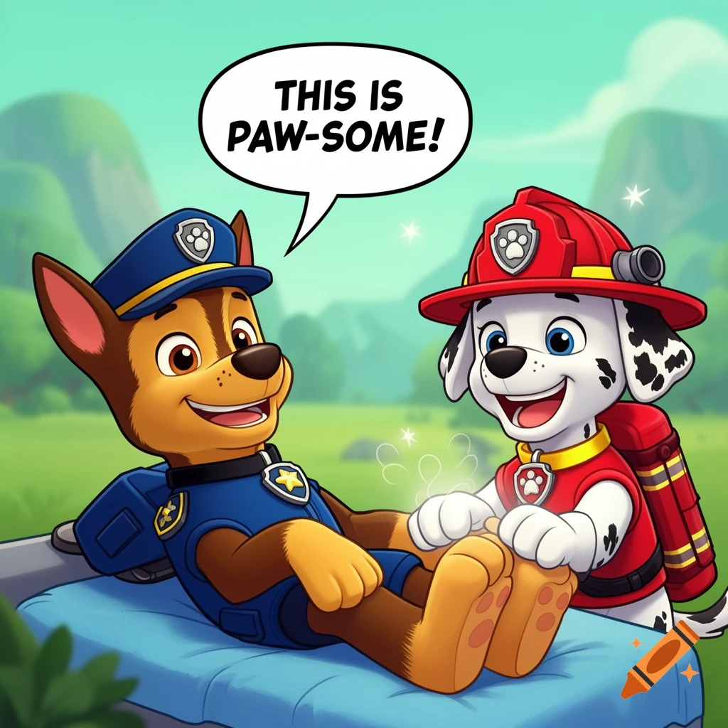 Cartoon of Paw Patrol's Chase the police dog getting a foot massage from Marshall the firefighter dog, with a speech bubble saying 'THIS IS PAW-SOME!'