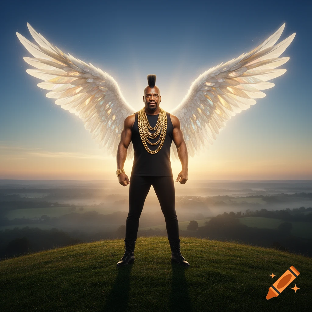 A muscular man resembling Mr. T with a mohawk, gold chains, and large glowing white angel wings stands on a grassy hill at sunset.