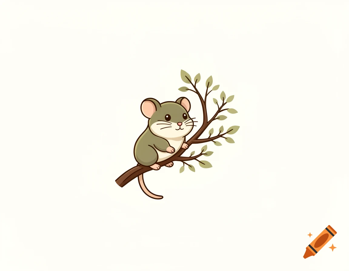 A cute cartoon dormouse with gray fur and pink ears sits on a brown tree branch with green leaves, against a white background.