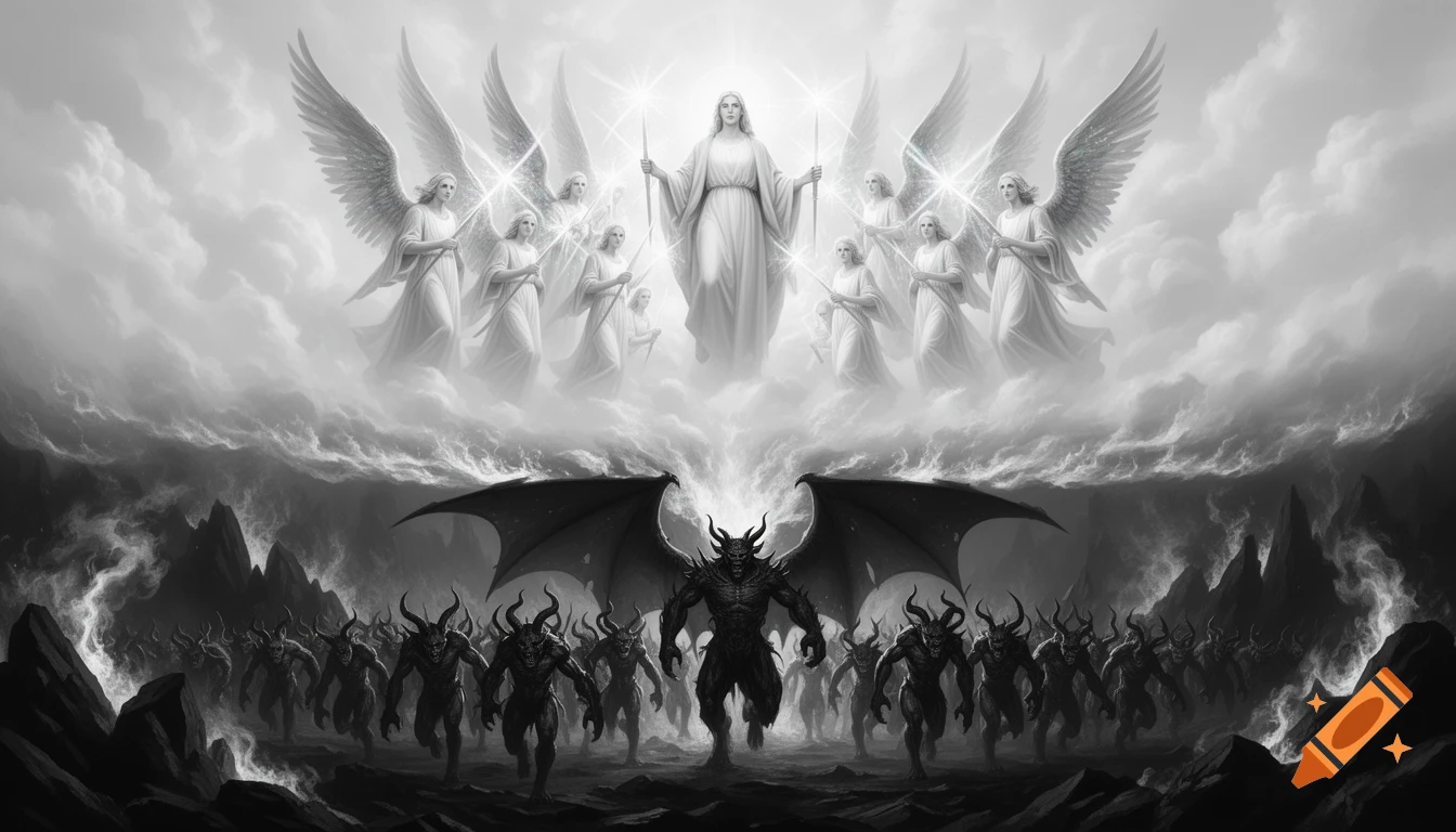 Black and grey scale fantasy art showing angels descending from heaven above a demon army led by Satan rising from hell below, preparing for battle.