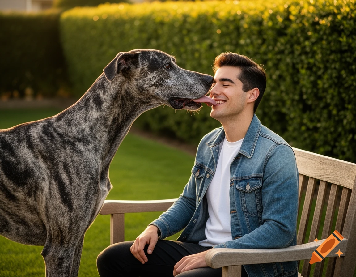A man sits on a wooden bench in a sunny park as a large brindle dog leans in to lick his face.
