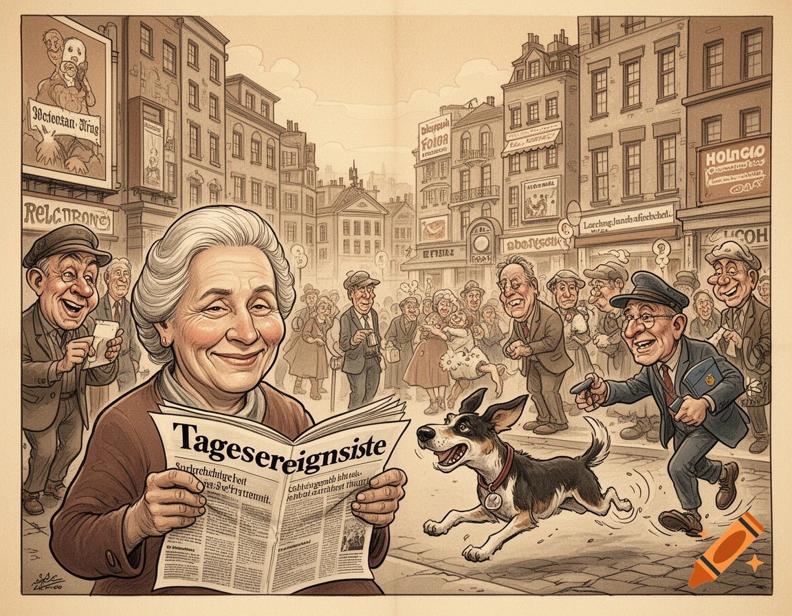 A cartoon caricature shows a smiling elderly woman reading a newspaper in a busy city street, with a dog running past a man. Buildings and other laughing people fill the background.