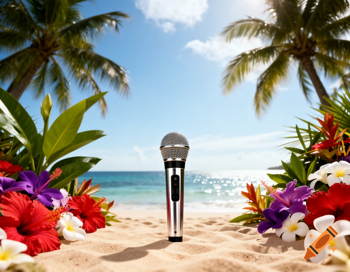A chrome microphone stands in the sand on a tropical beach, surrounded by vibrant flowers, with palm trees and the ocean in the background.