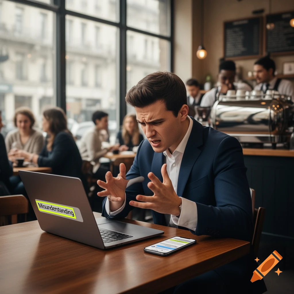 A man in a suit looks frustrated, gesturing with his hands while looking at a laptop with "Misunderstanding" on its screen, in a bustling cafe.
