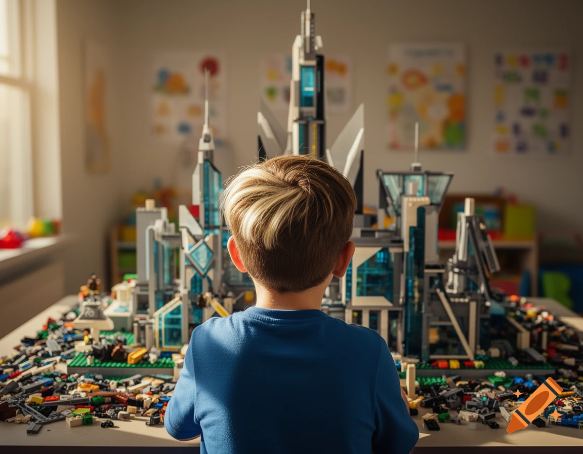 A young boy with blonde-streaked hair, viewed from behind, builds a large modern Lego city.