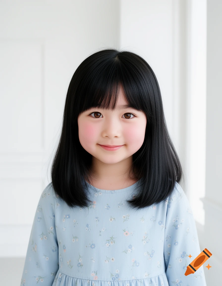 Photorealistic portrait of a cute young Japanese girl with black hair and bangs, rosy cheeks, wearing a light blue floral dress.