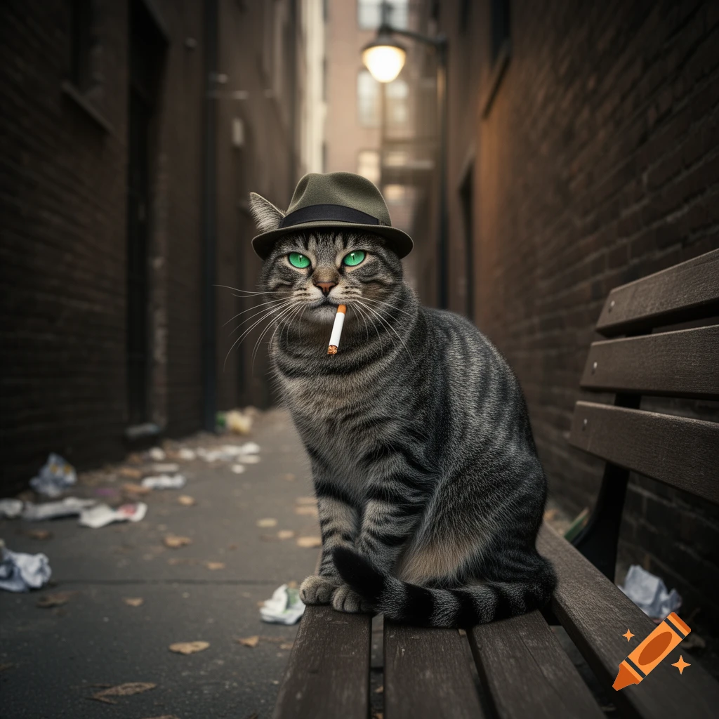 A tabby cat wearing a fedora and smoking a cigarette, sitting on a wooden bench in a dark alley.