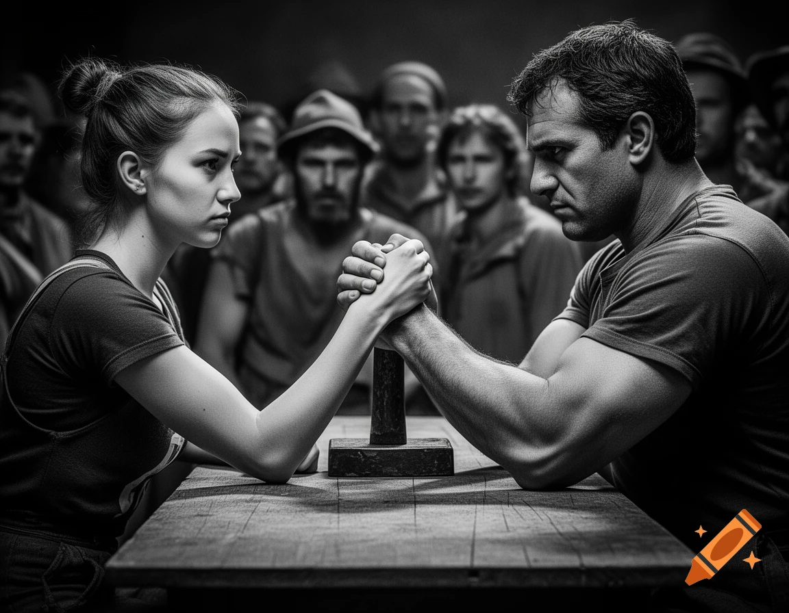 A determined man and woman arm-wrestling on a wooden table, in a black and white, cinematic fine-art style.