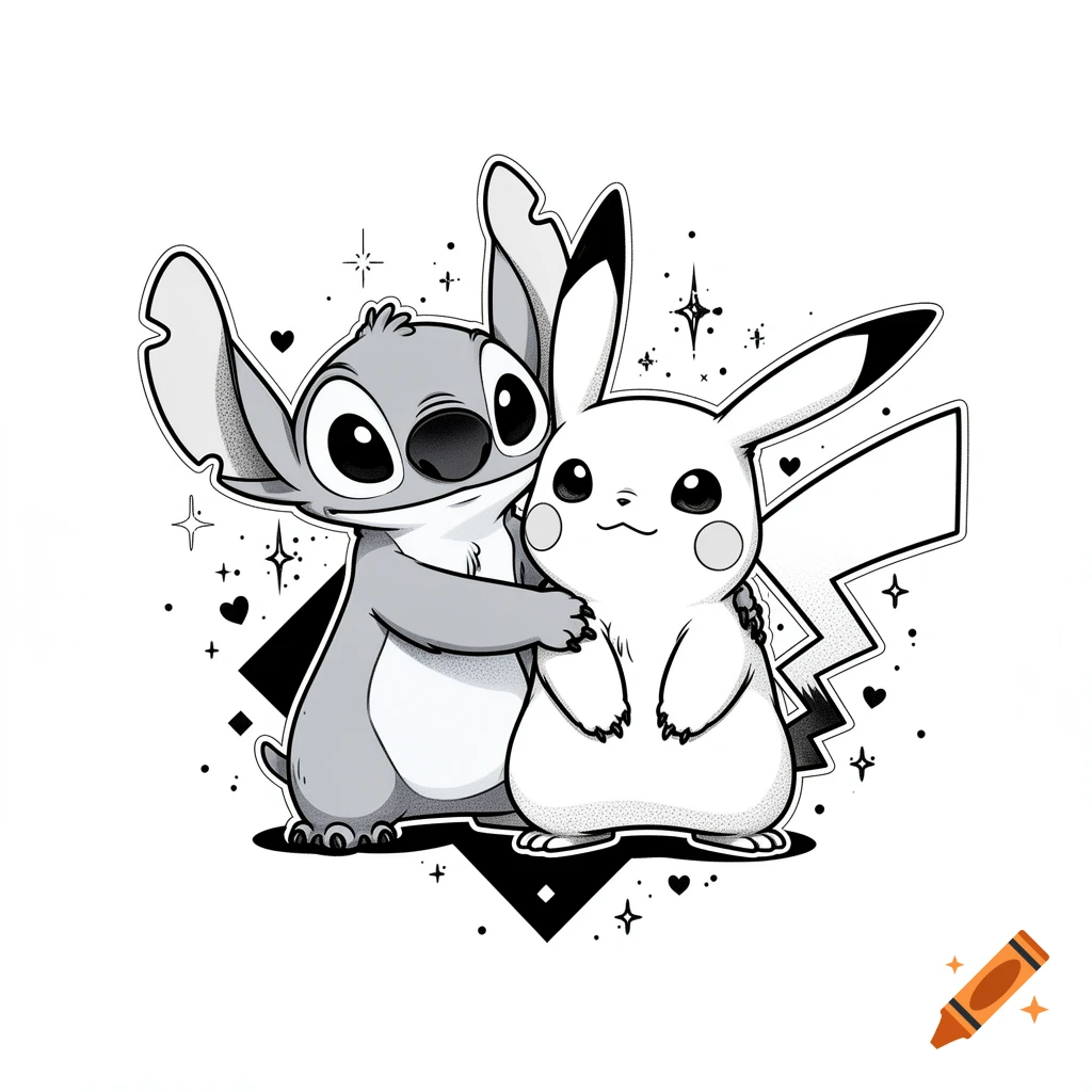 Black and white line art of Stitch hugging Pikachu, surrounded by stars and hearts, in a tattoo design style.