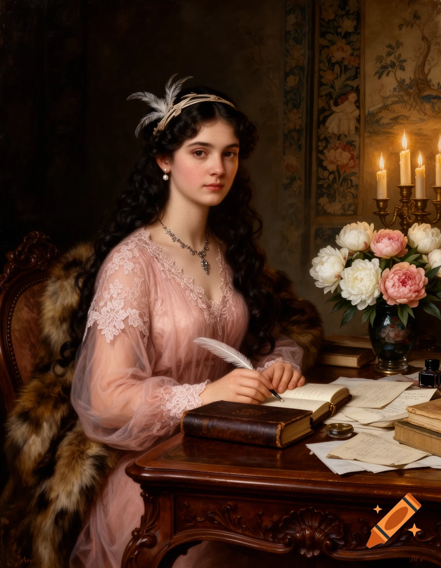 A serene young woman in a pink lace dress writes with a quill at a mahogany desk, lit by candlelight, with peonies, in a classical painting style.