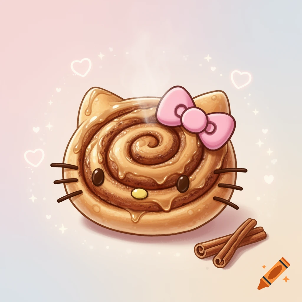 Cute illustration of a Hello Kitty cinnamon roll with icing and cinnamon sticks on a pastel background with hearts and sparkles.