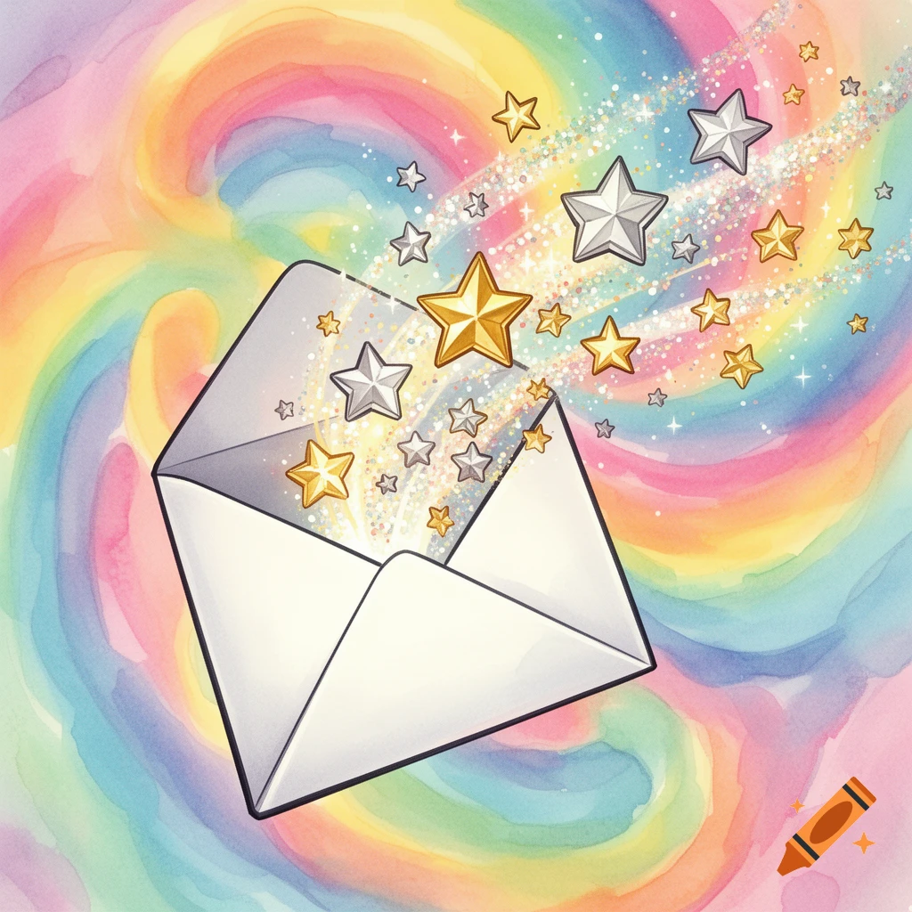 A white open envelope with glittering gold and silver stars shooting out, set against a vibrant rainbow watercolor background.