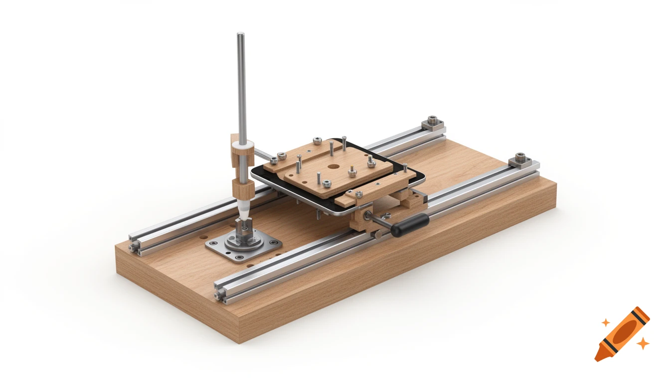 Clean industrial concept rendering of a manual glue dispensing jig for tablet assembly with a wooden base, aluminum rails, and a vertical dispenser.