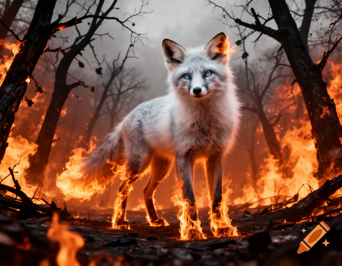 Photorealistic silver fox with bright blue eyes, burning paws, tail, and ears, standing in a fiery forest.