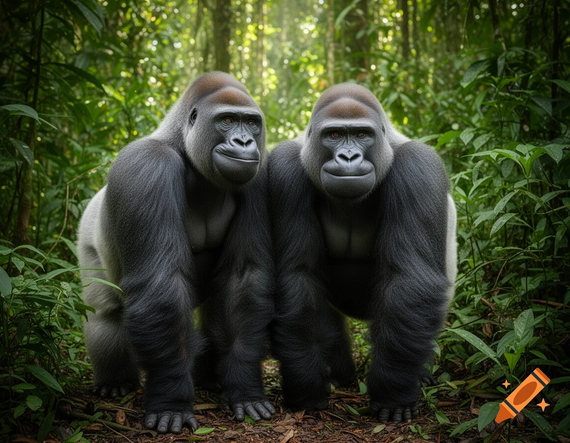 Two photorealistic gorillas stand in a lush green jungle.