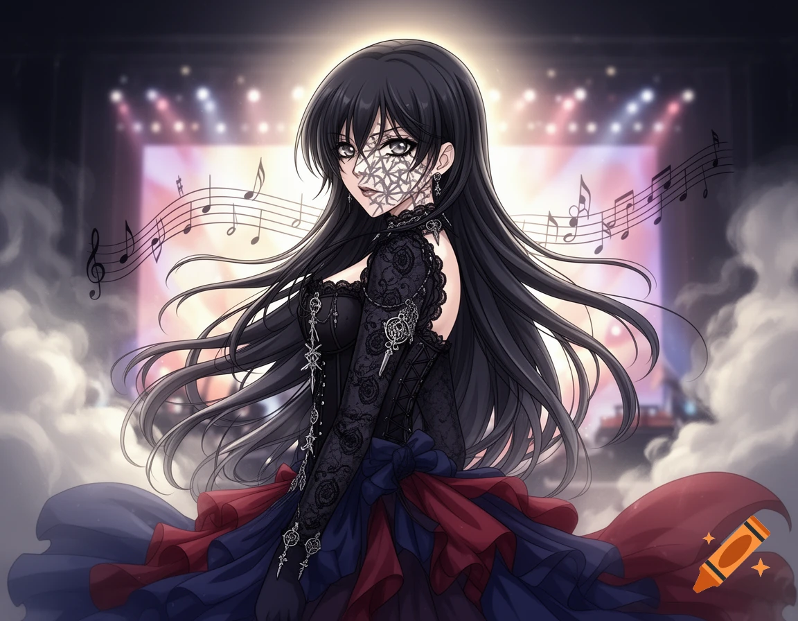 Anime girl with long black hair, a black gothic dress, and face markings, stands on a stage with musical notes floating around her.