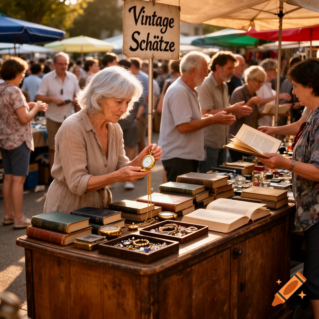A woman examines a gold pocket watch at a vintage outdoor market stall filled with books and jewelry, bathed in warm sunlight.