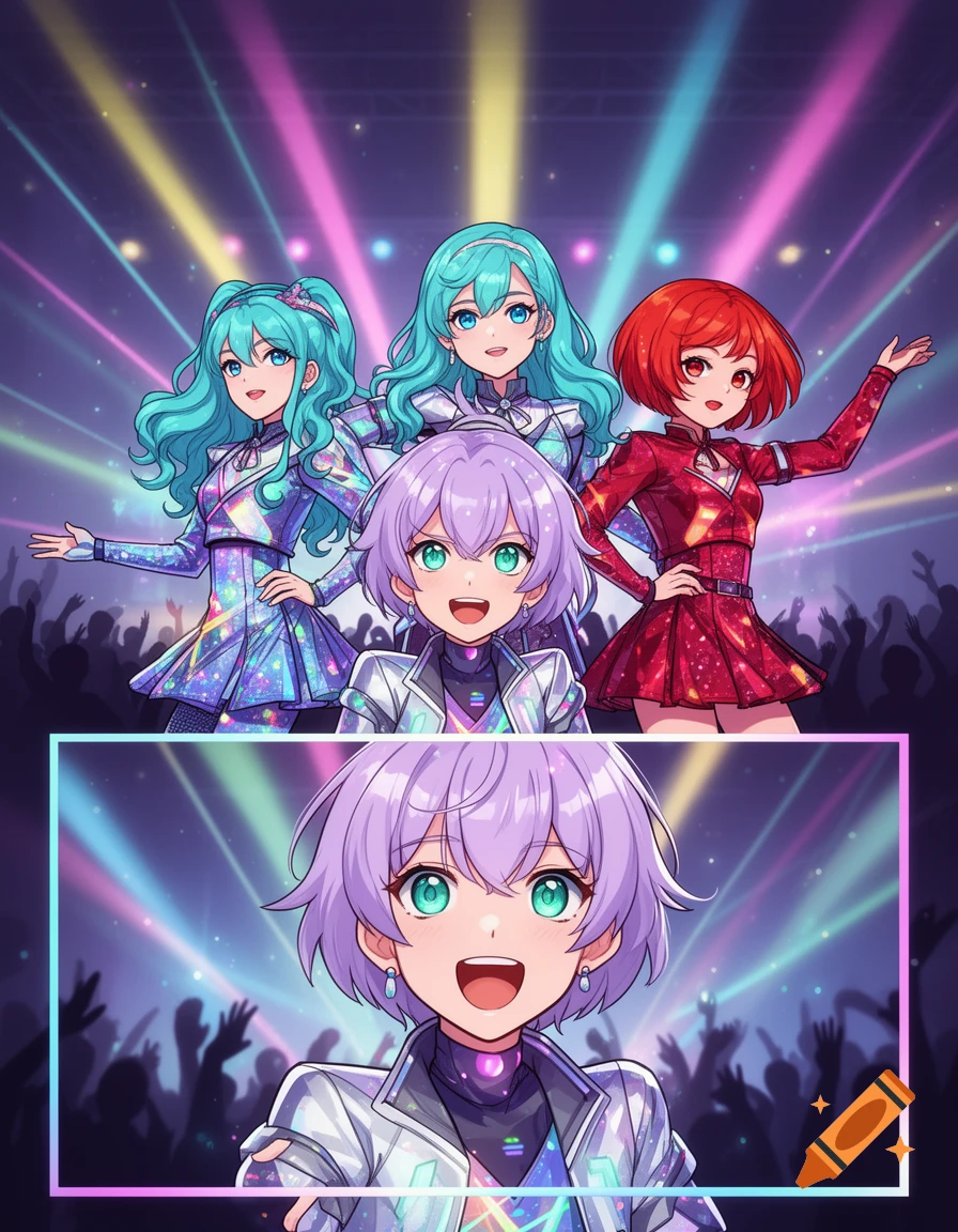 Anime-style female kpop group performing on stage under colorful spotlights, with a close-up of one member in the foreground.