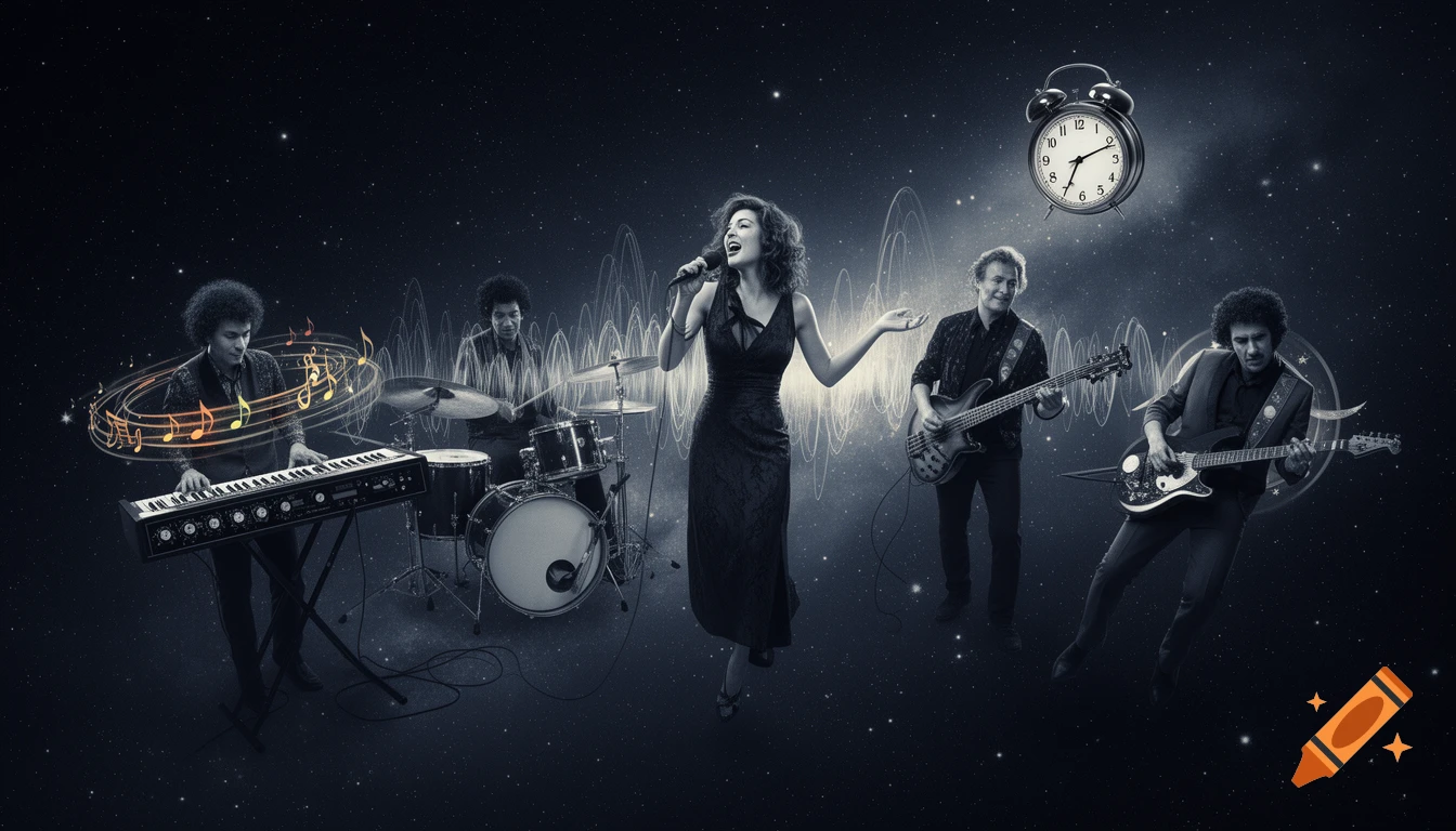 A surreal, noir image of a band performing in outer space, featuring a female vocalist, keyboardist, drummer, bassist, guitarist, and a floating alarm clock.