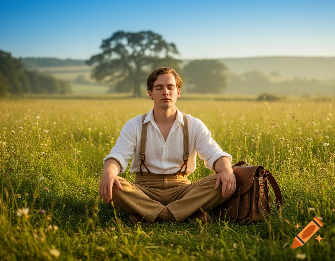 A man in old-fashioned clothing sits cross-legged, meditating in a sunlit grassy field with eyes closed, beside a brown messenger bag.