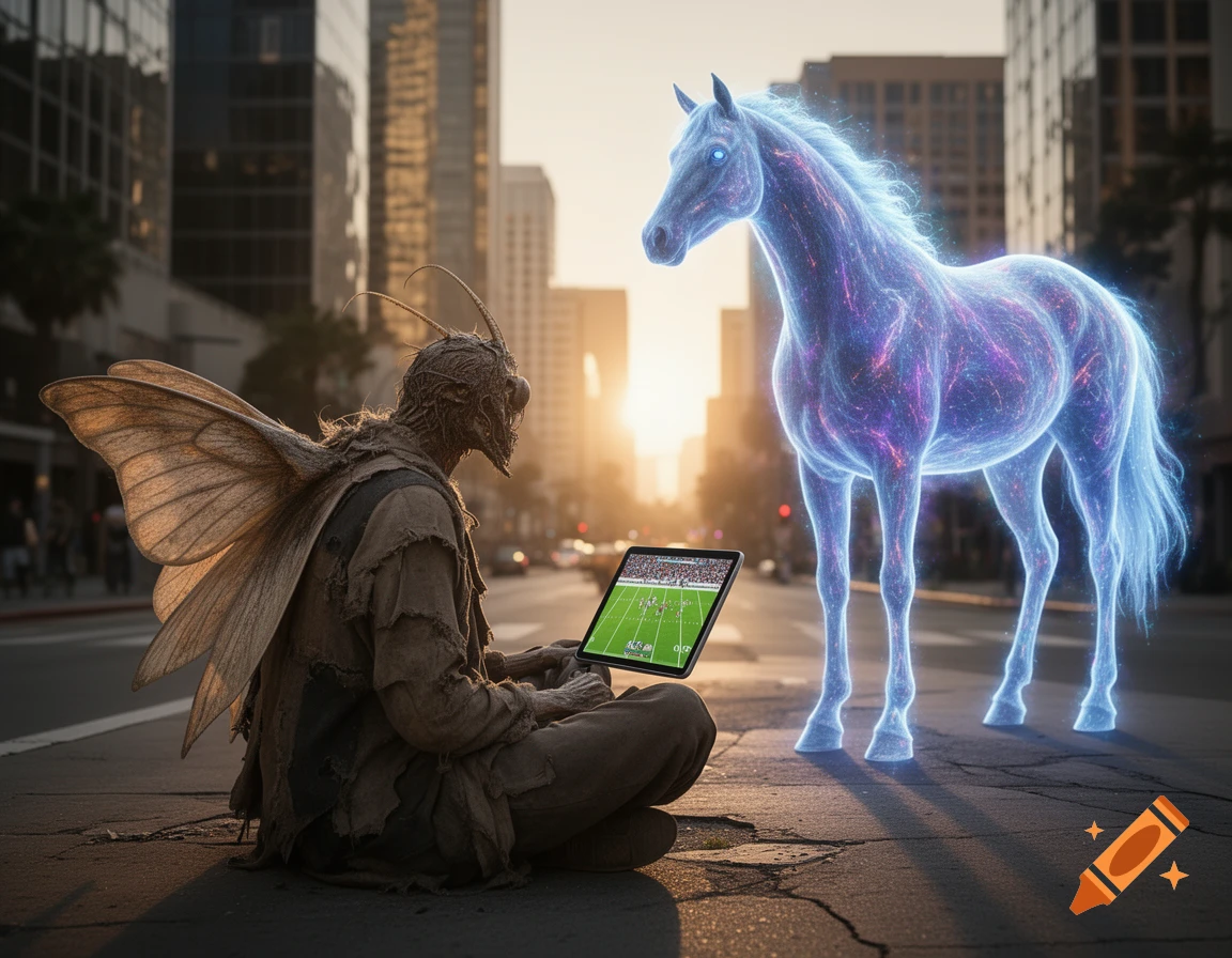 A moth-like creature sits on a city street, looking at a tablet streaming a football game, next to a glowing blue and purple energy horse, with a sunrise background.