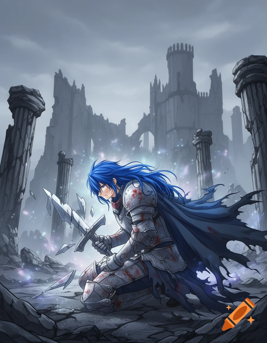 An anime knight with blue hair kneels in ruins, holding a broken sword, with blood on their armor.