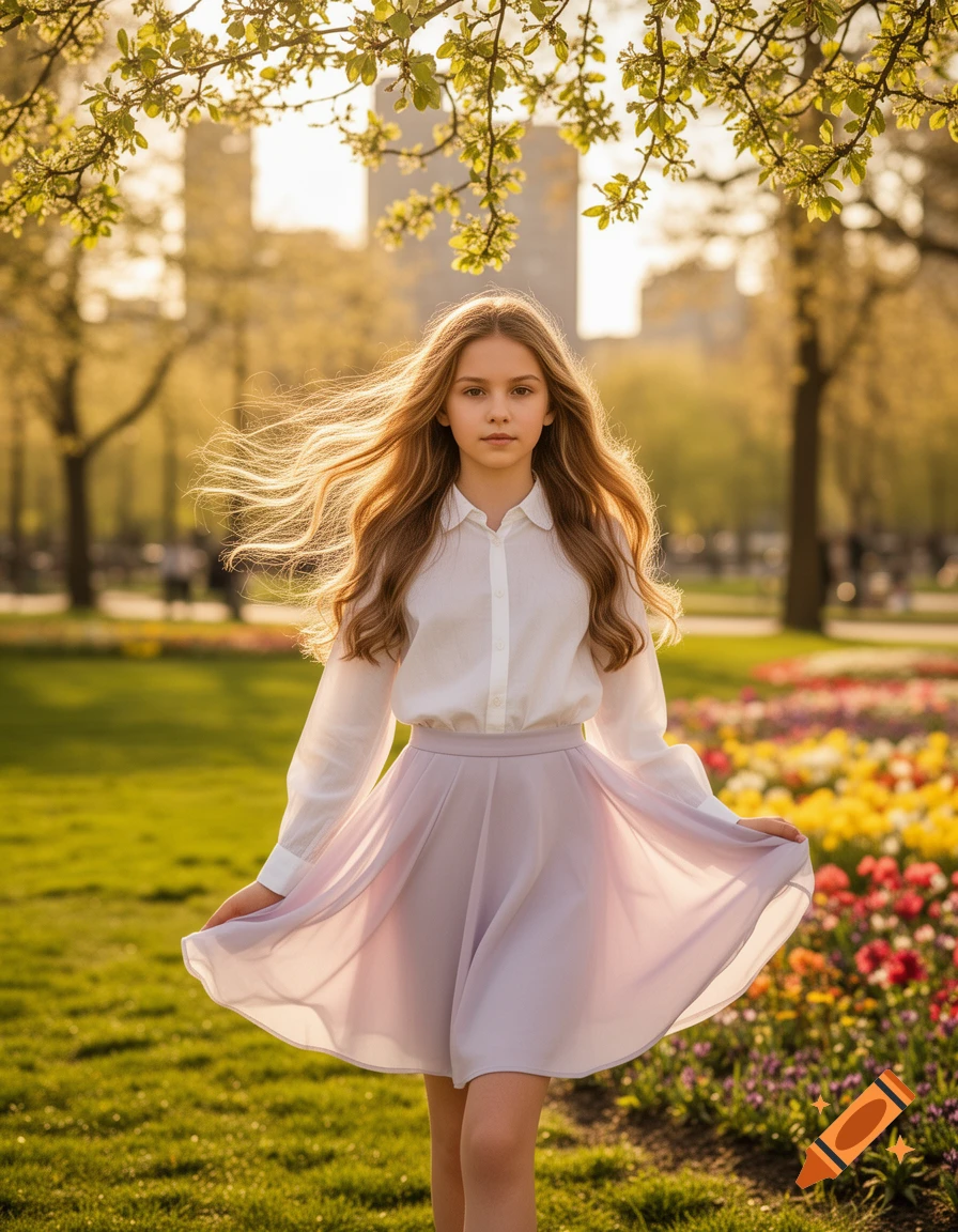A young girl with long brown hair, wearing a white shirt and lavender skirt, stands in a sunlit park with spring flowers and trees.