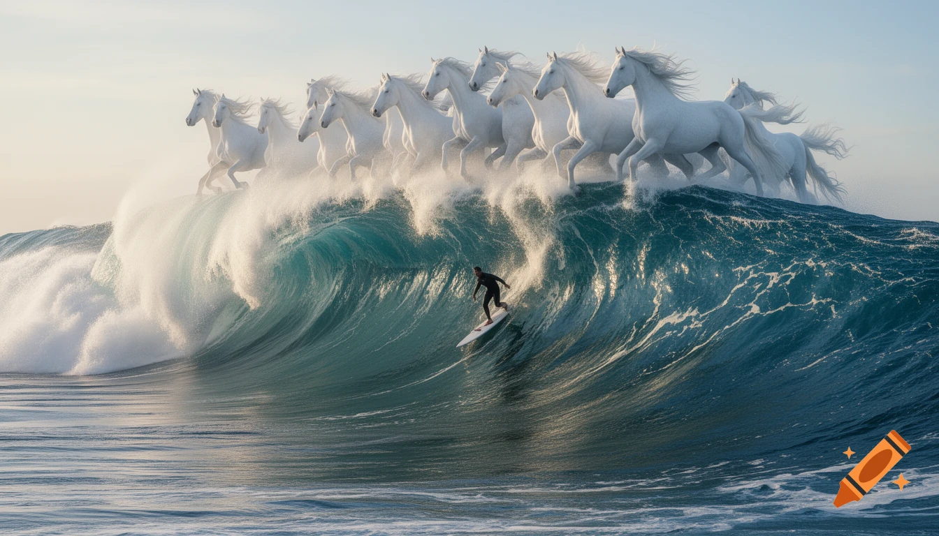 A surfer rides a large blue ocean wave with several white, ethereal horses running along its foamy crest, in a photorealistic style.