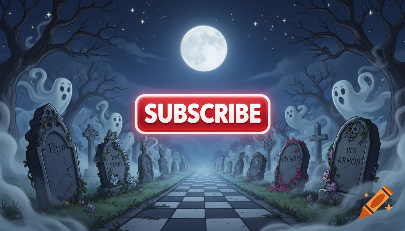 A cartoon cemetery at night with a full moon, ghosts, and a large red "SUBSCRIBE" button floating in the middle. Gravestones line a checkered path.