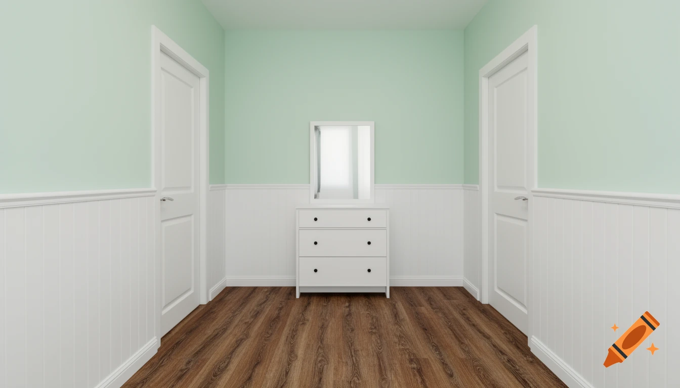 An empty narrow hallway with mint green walls above white wainscoting, dark brown laminate flooring, and a white dresser with a mirror centered between two white doors.