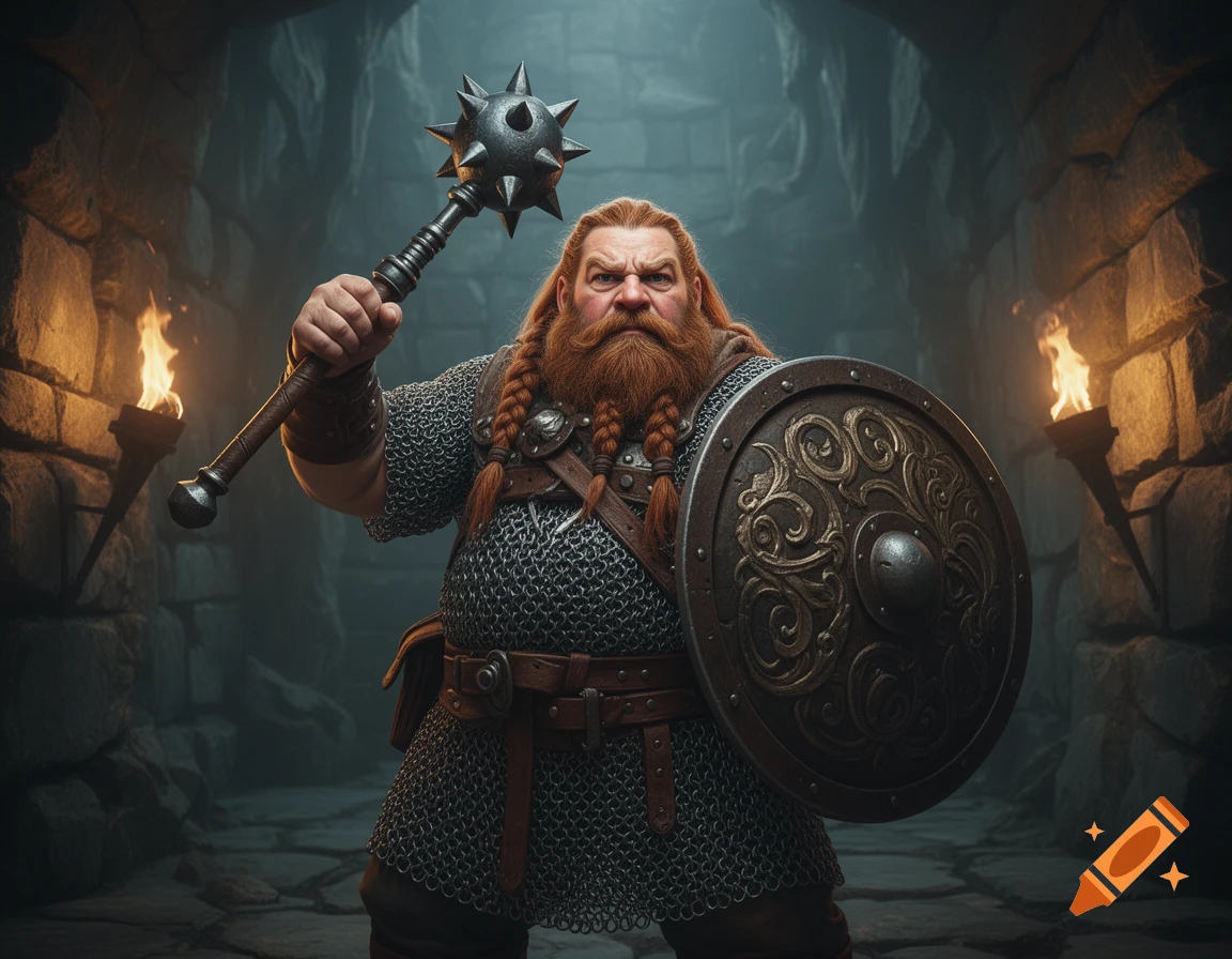 A fierce dwarf fighter with a braided red beard stands in a dungeon, wielding a spiked morning star and a round shield.
